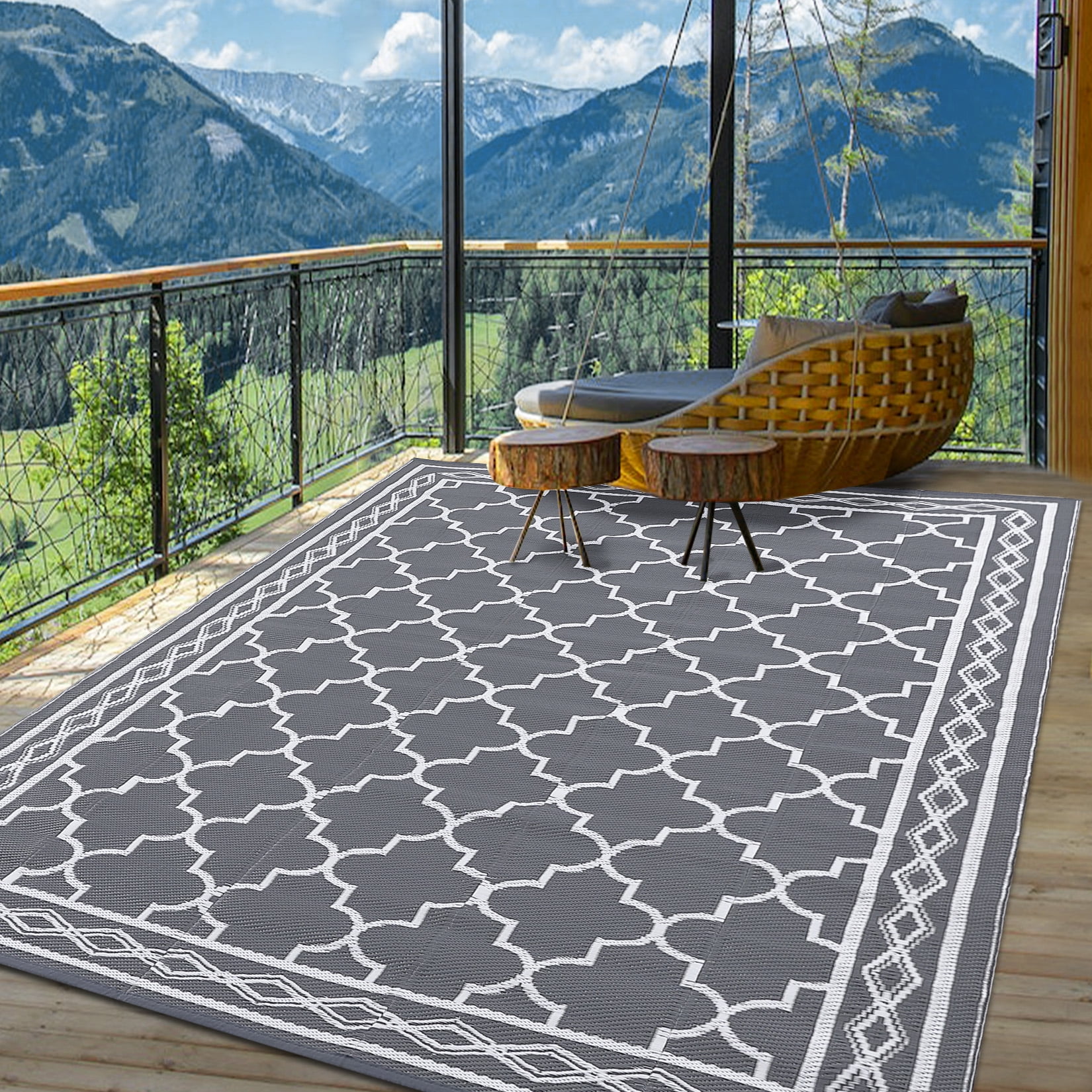 Nanan 10x14 Outdoor Rug,Lightweight Reversible Outdoor Rug, Trellis Pattern with Decorative Diamond Border, Weather Resistant Easy Clean for Garden, Balcony, Poolside, Picnic, Gray