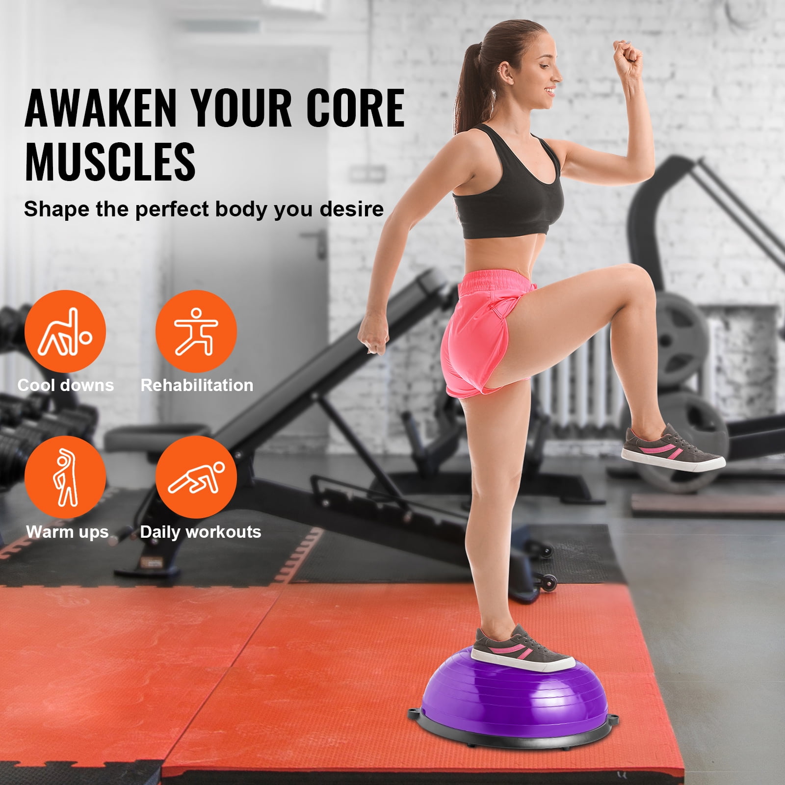 KFFKFF Semi Fitness Ball Equipment, 23-inch Equilibrium Ball Device, 660lbs Capacity Ball, Yoga Sphere with Resistance Loops & Foot Inflator, for Domestic Gym, Comprehensive Body Exercise, Violet