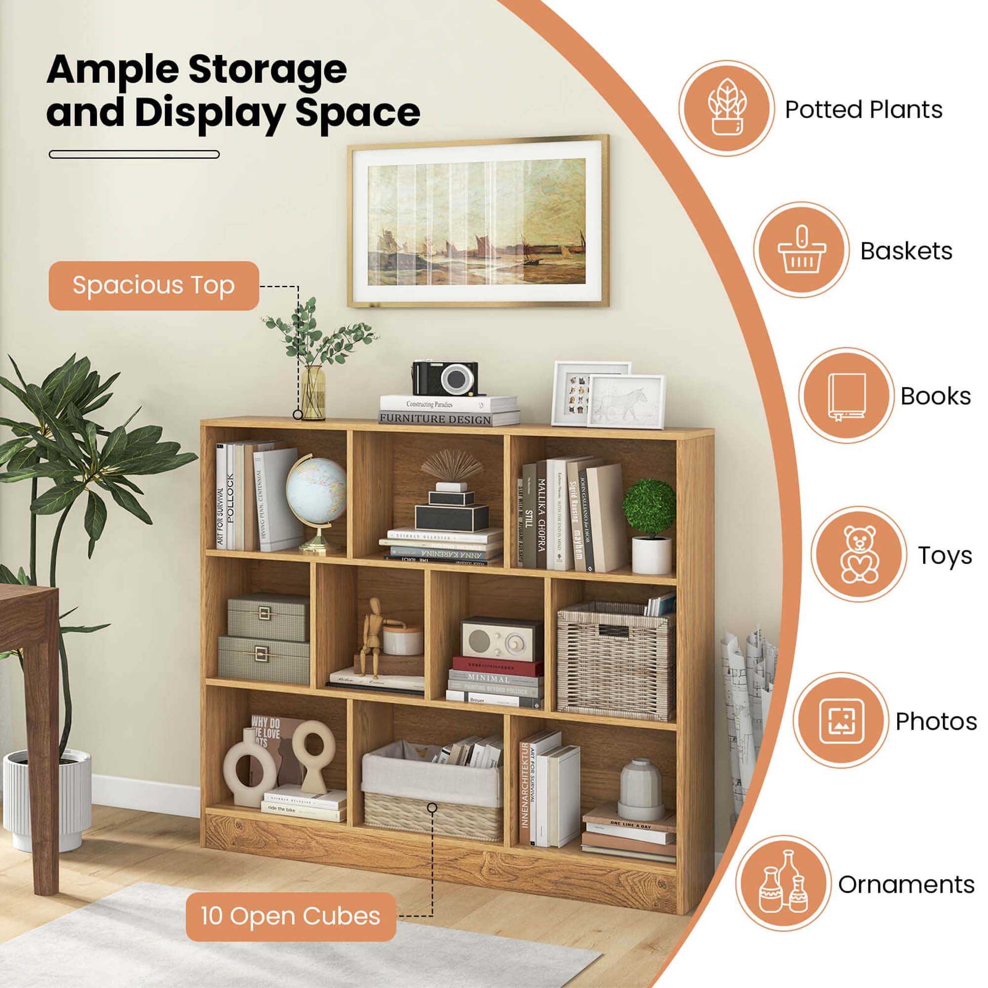 Costway 10-Cube Bookcase for Kids 41"Wooden Toy Storage Organizer for Kid’s Room Natural