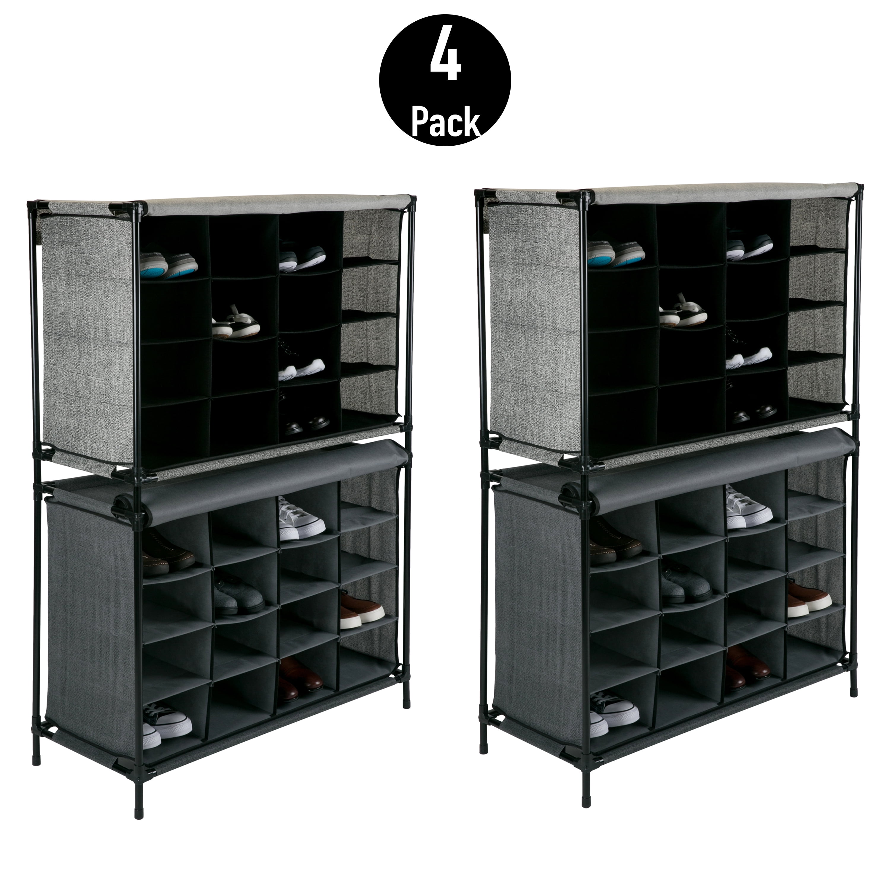 Simplify 4 Pack 4 Tier Compartment 16 Pairs Shoe Cubby in Grey