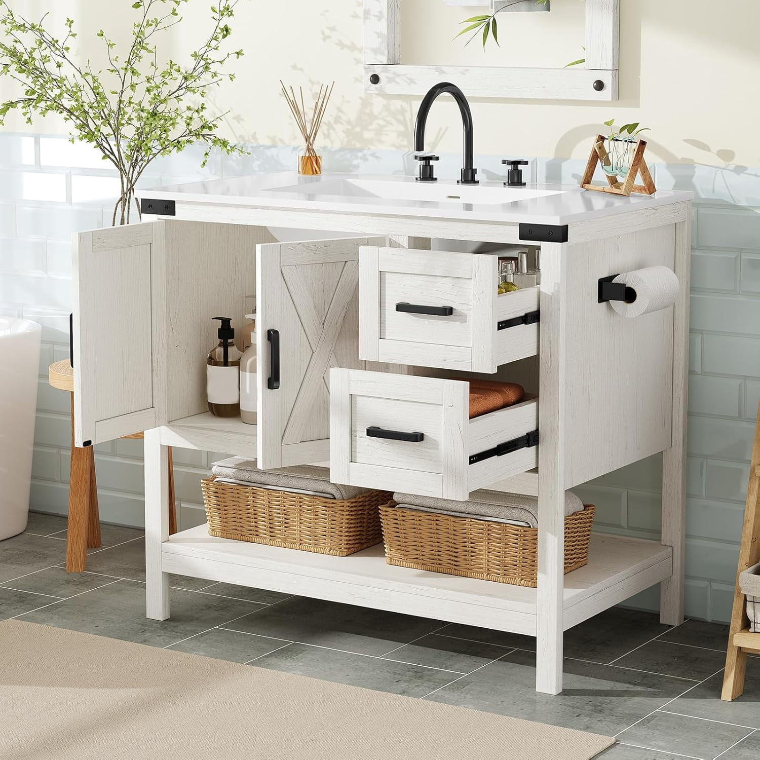Merluxy Farmhouse Bathroom Vanity with Sink,Wood Barn Door Freestanding Bath Storage Cabinet,White