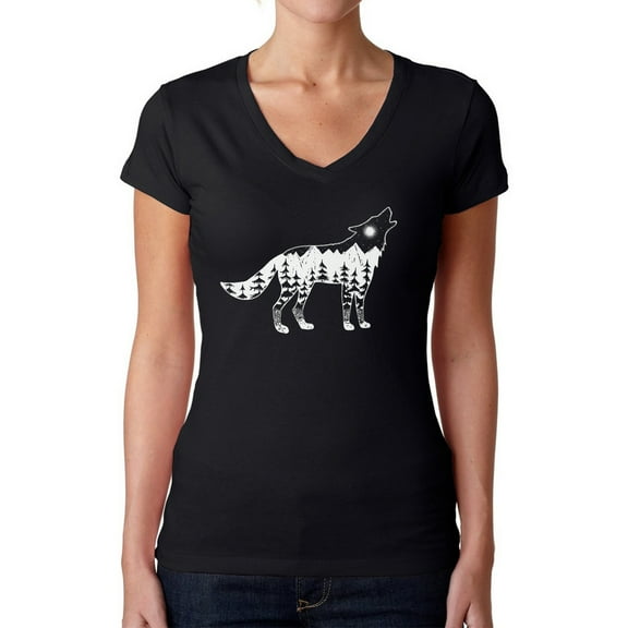 Women's Word Art V-Neck T-Shirt - Howling Wolf