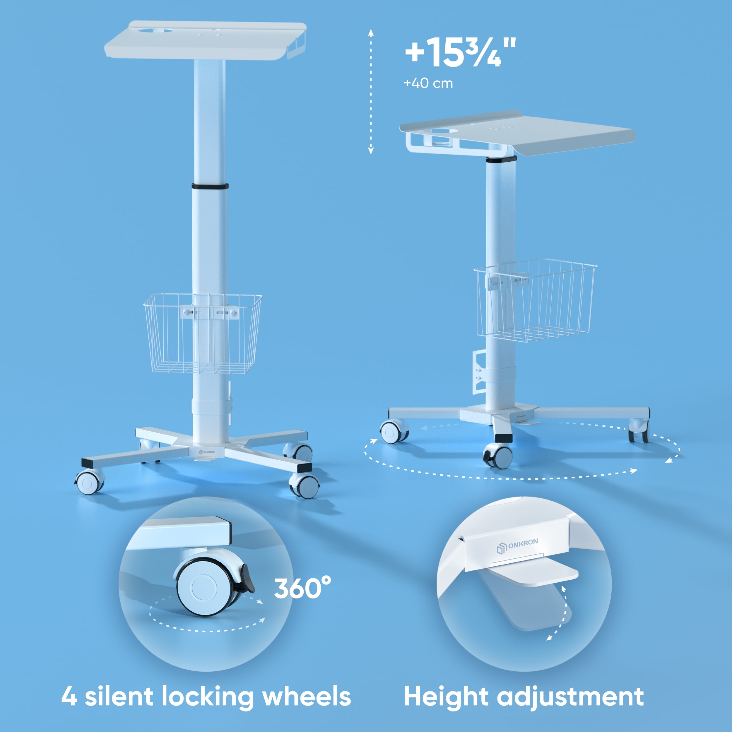 ONKRON Rolling Laptop Stand - Computer Cart with Wheels - Standing Desk On Wheels - Foot Pedal Pneumatic Desk - Rolling Desk Adjustable Height - Utility Medical Cart - Desk Load up to 17.6 Lbs, White