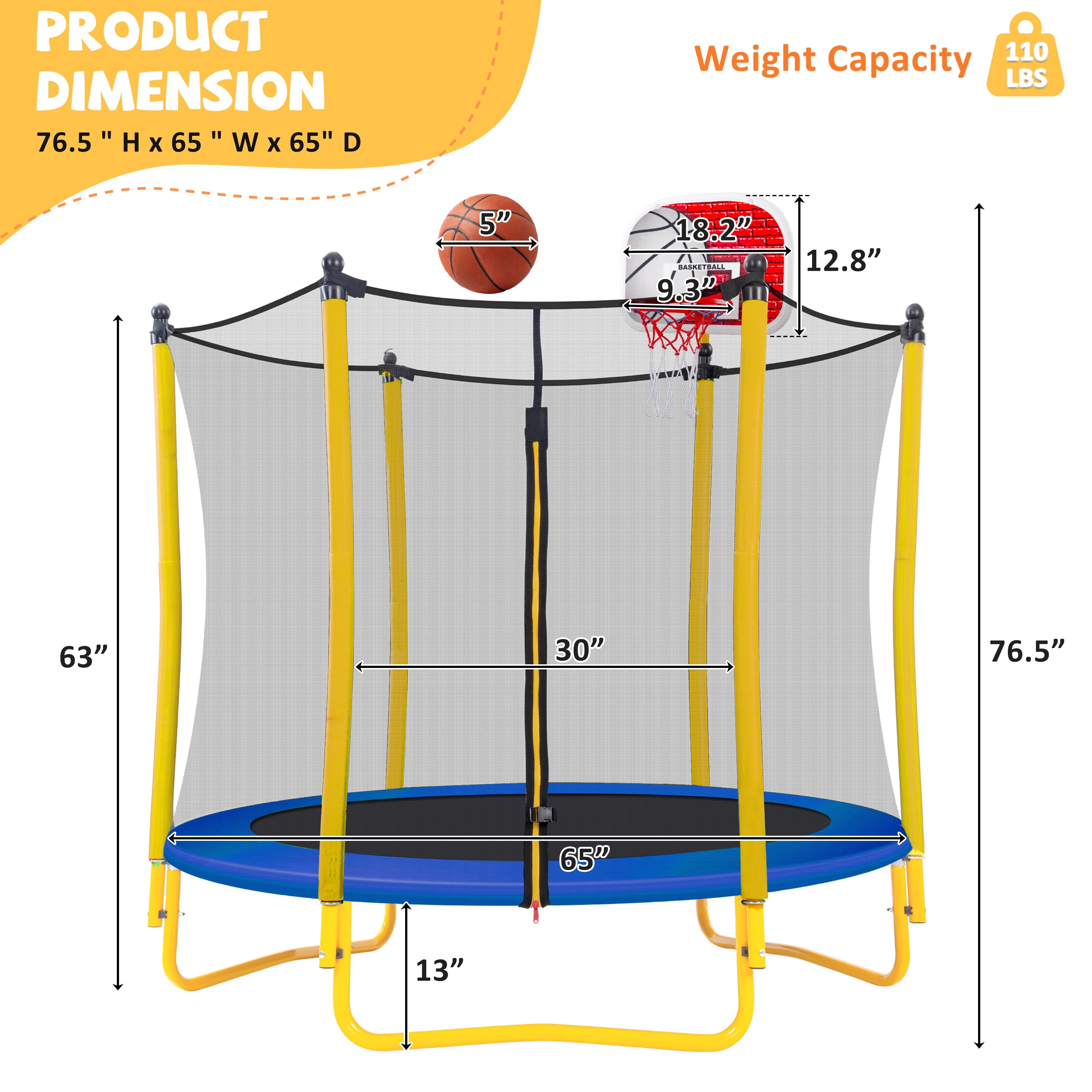 5.5FT Trampoline with Safety Enclosure for Kids, SEGMART Toddler Trampoline with Basketball Hoop, Kids Trampoline with Jumping Mat, Mini Trampoline, Indoor Trampoline, Gifts for Boys Girls, 220LBS
