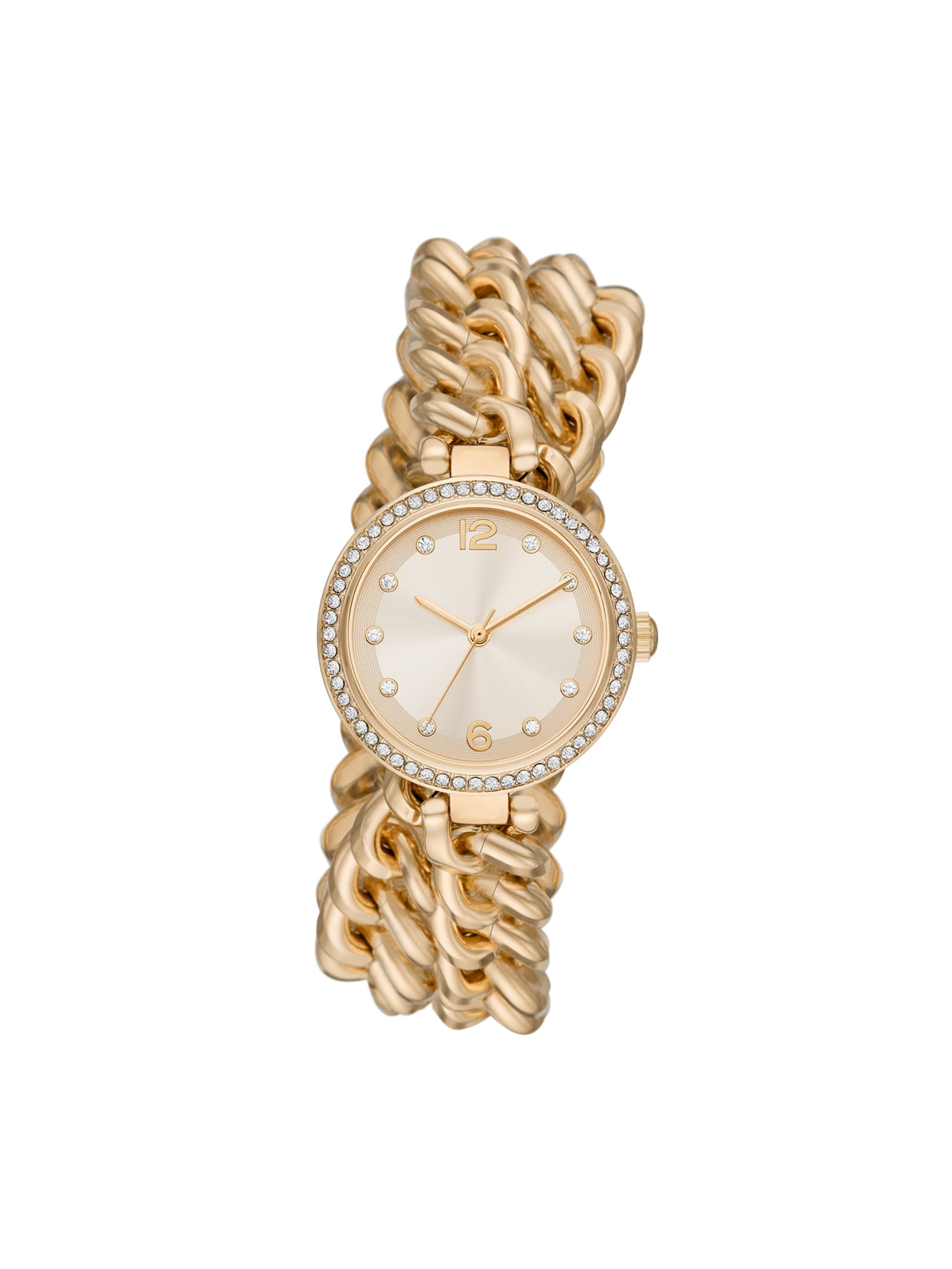 Ladies' Time and Tru Gold Tone Watch with STone Case, White Dial and Gold Tone Double Wrap Chain Bracelet
