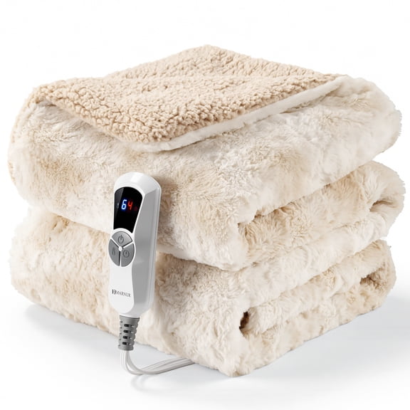 MARNUR Heated Throw Blanket 50" x 60", Soft Faux Fur Electric Throw with 6 Heat Settings, 4-Hour Timer, Tie-Dye Off-White
