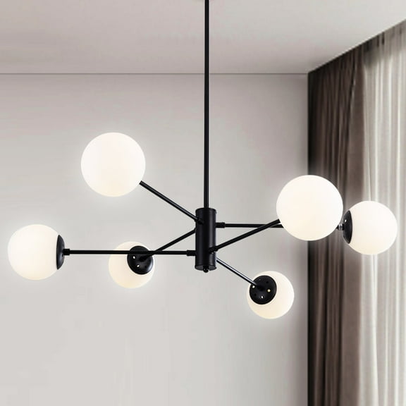 UHG 6-Light Sputnik Chandelier with Milk Glass Shades, Black Flush Mount Ceiling Light Fixture for Living&Dining Room Bedroom, Modern Farmhouse Pendant Lighting for Kitchen Island Hallway