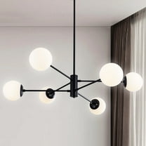 UHG 6-Light Sputnik Chandelier with Milk Glass Shades, Black Flush Mount Ceiling Light Fixture for Living&Dining Room Bedroom, Modern Farmhouse Pendant Lighting for Kitchen Island Hallway