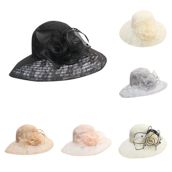 XIAOCHA Womens Lace‑Rose Wide‑Brim Hat Solid Sun Hat Party Hat,Black