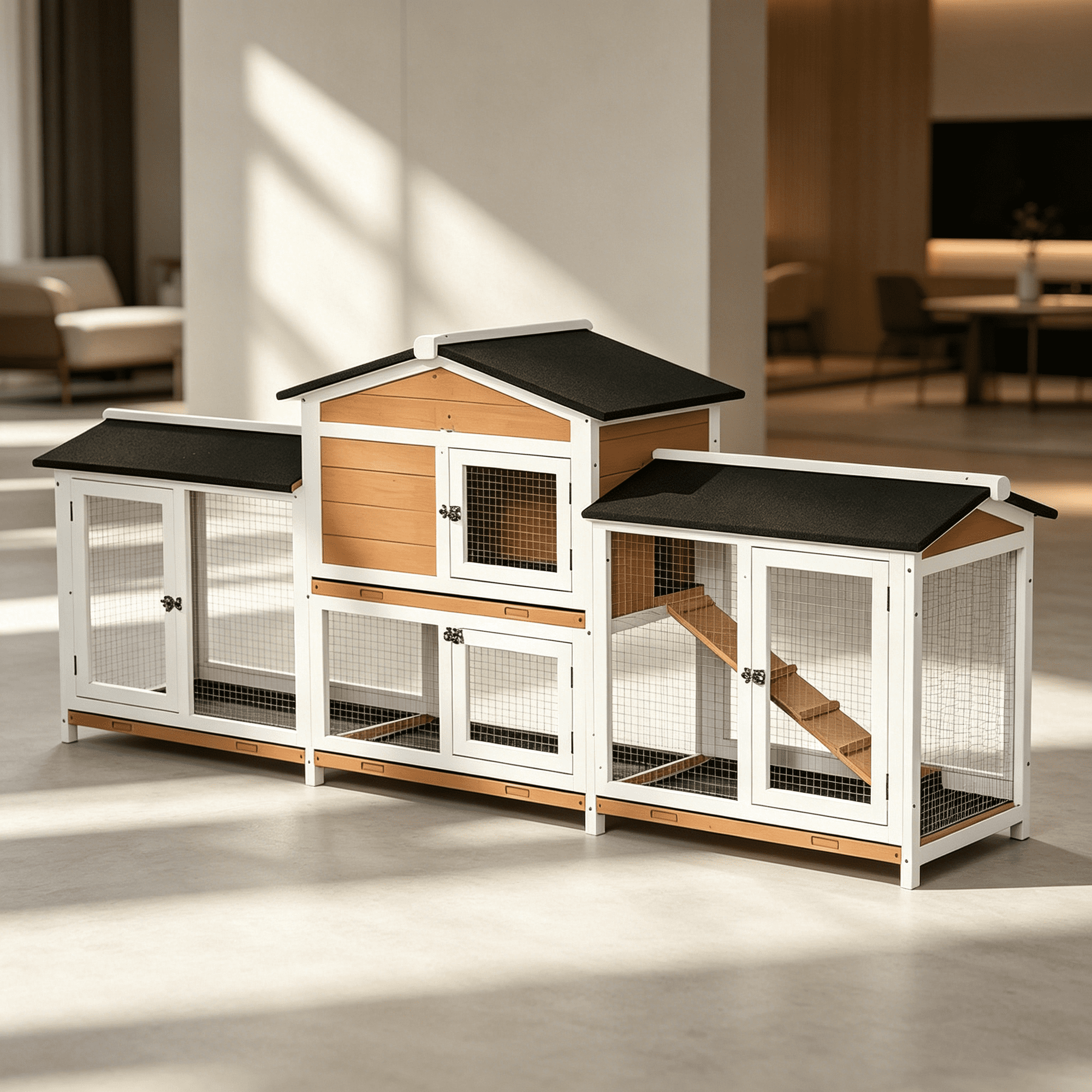 JERFIT Large Outdoor Rabbit Hutch with Run, Wooden Small Animal Cage for Rabbits Guinea Pigs, Weather-Resistant Black/White/Yellow Pet House