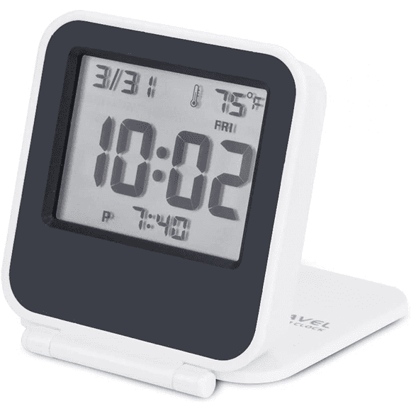 Liten digital reseväckarklocka, batteridriven miniresklocka med bakgrundsbelysning, bärbar hopfällbar minilommekalender temperaturklocka (vit)