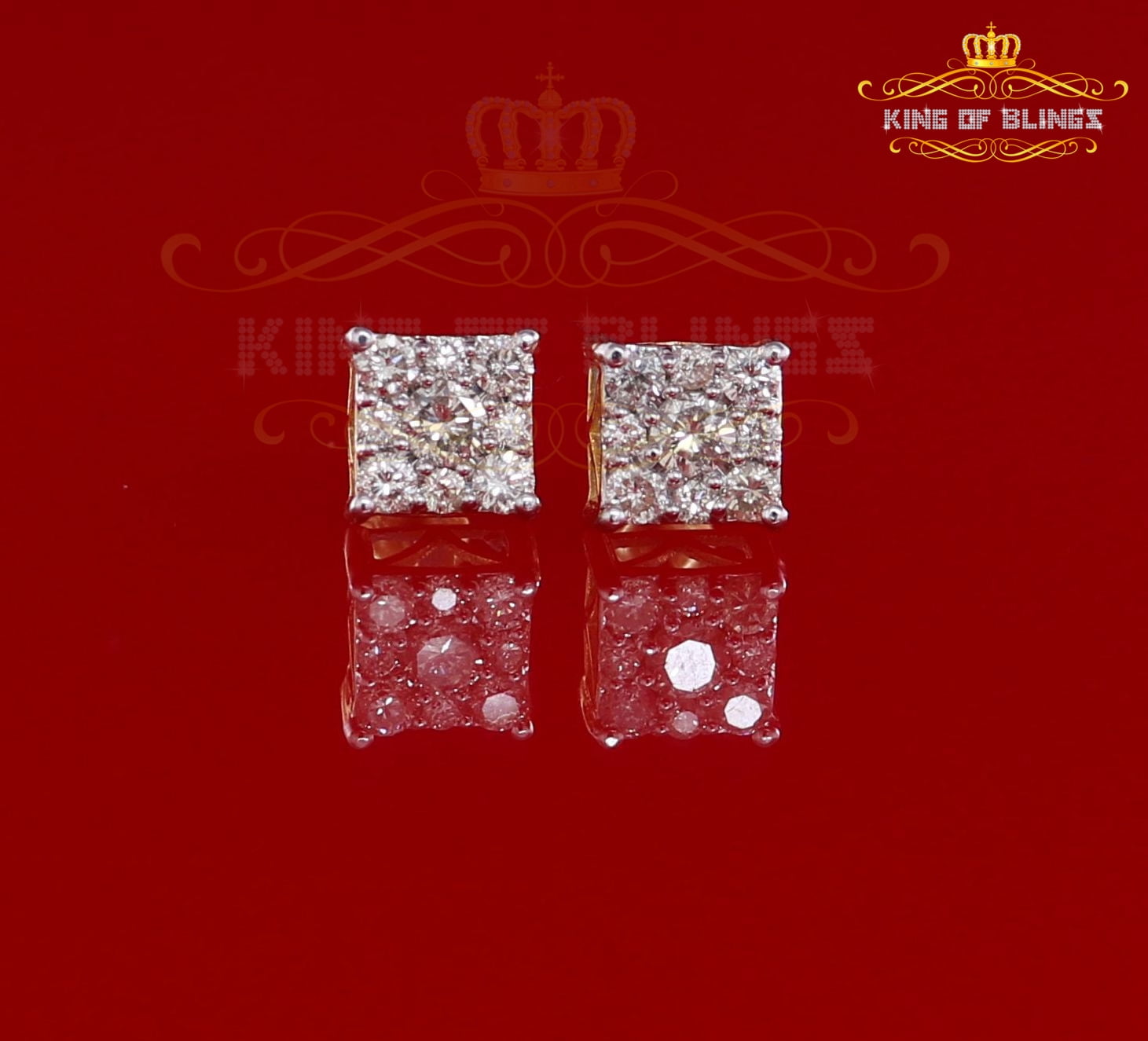 King of Bling's 10K Real Yellow Gold Real Diamond 0.75CT Men's/Women's Stud Square Earring