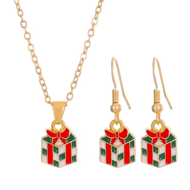 Conjunto de collar y pendientes navideños para mujer, cadena larga, baño de oro, Navidad Caja de regalo