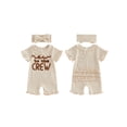 thumbnail image 2 of BemeyourBBs Newborn Baby Girl Summer Clothes Hospital Going Home Outfit Baby Girl New To The Crew Romper Letter Embroidered Short Sleeve Waffle Knit Ruffle Jumpsuit Shorts Headband, 2 of 9