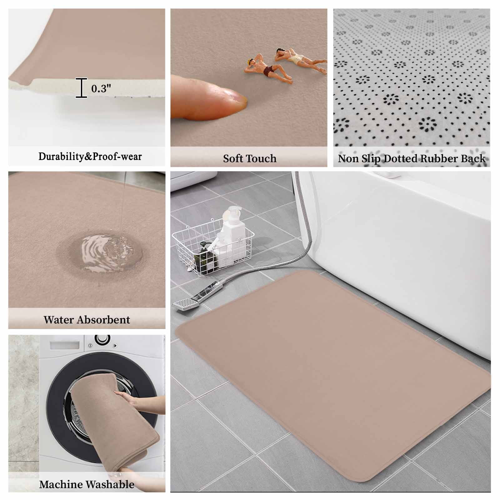 Warm Beige Bath Mat 3 Piece Bathroom Rug Set, Solid Color Farmhouse Beige Non Slip Bath Rug Contour Mat and Toilet Lid Cover, Absorbent Shower Mats Soft Bath Rugs and Mats Sets