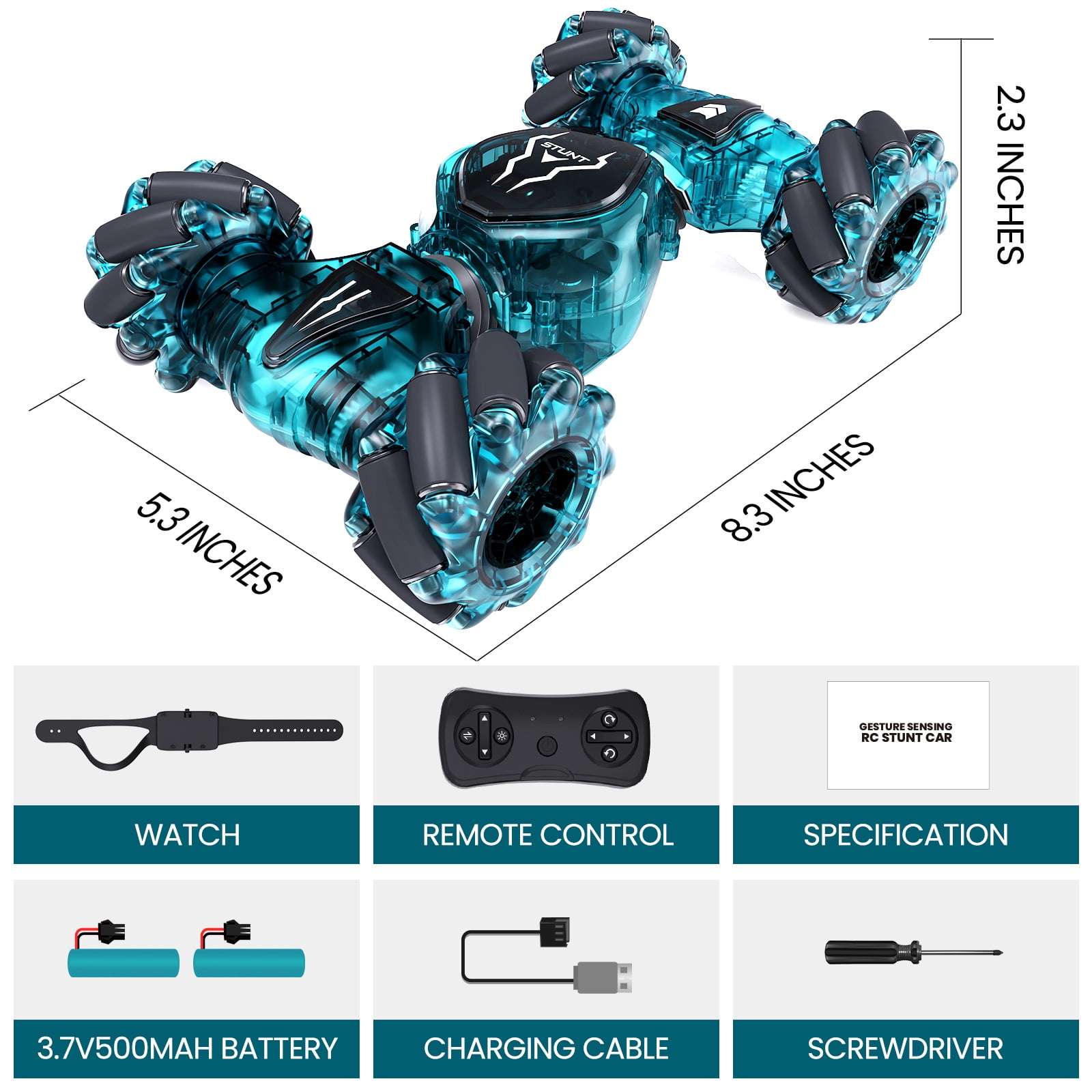 Tecnock Remote Control Car for Boys Girls, 2.4GHz 4WD Gesture Sensing RC Stunt Car Toys - 360° Rotating Double Sided Hand Controlled RC Cars with LED Lights, Gifts for Kids Ages 6-8, 8-12, Green