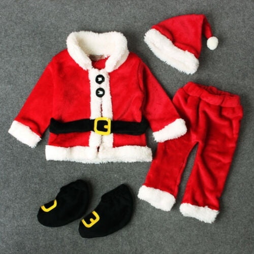 Noël Bébé Garçon Fille Santa Claus Tops+pantalons+hat+chaussures 4Pcs Vêtements