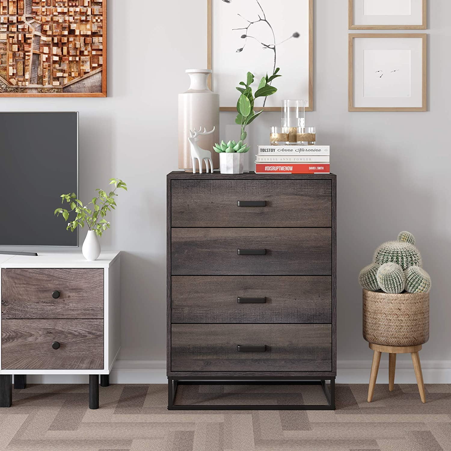 Homfa Dresser With 4 Drawers Wood, Dark Brown Dresser And Nightstand