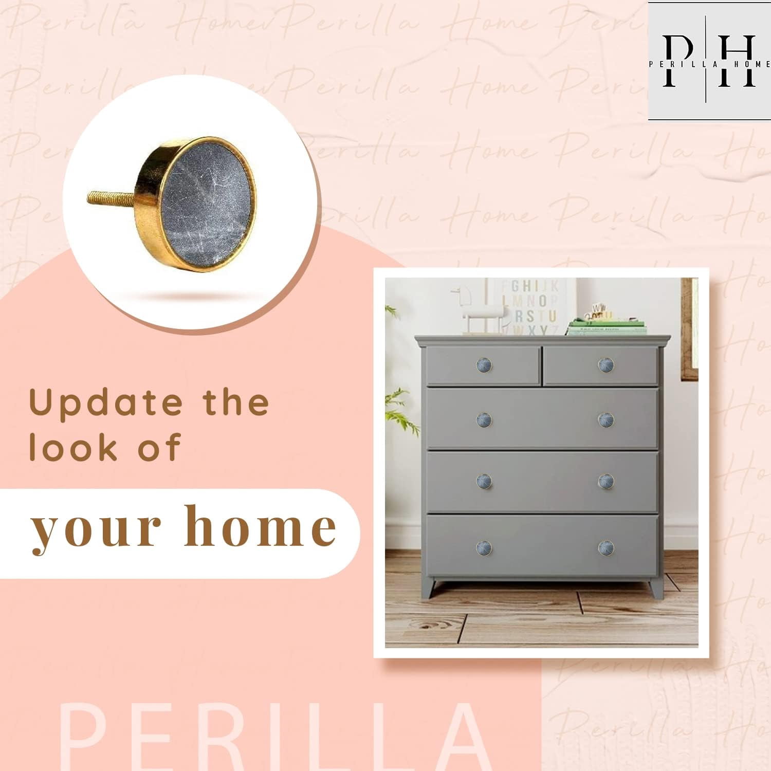 Perilla Home Set of 6 Swirl Stone Door Knobs - Decorative Door Knobs Handle with Brass Shell Elegant Addition for Cupboard Drawer Dresser Bedroom Kitchen Cabinet Wardrobe (1.57" Diameter) Black