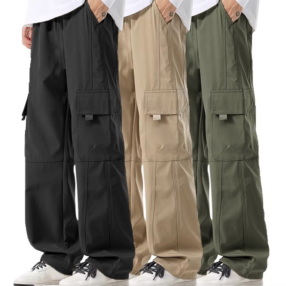 Men's Workwear Sports Straight Pants Elastic Waistband Solid Color Outdoor Fitness Trousers S-XL (1 pack)