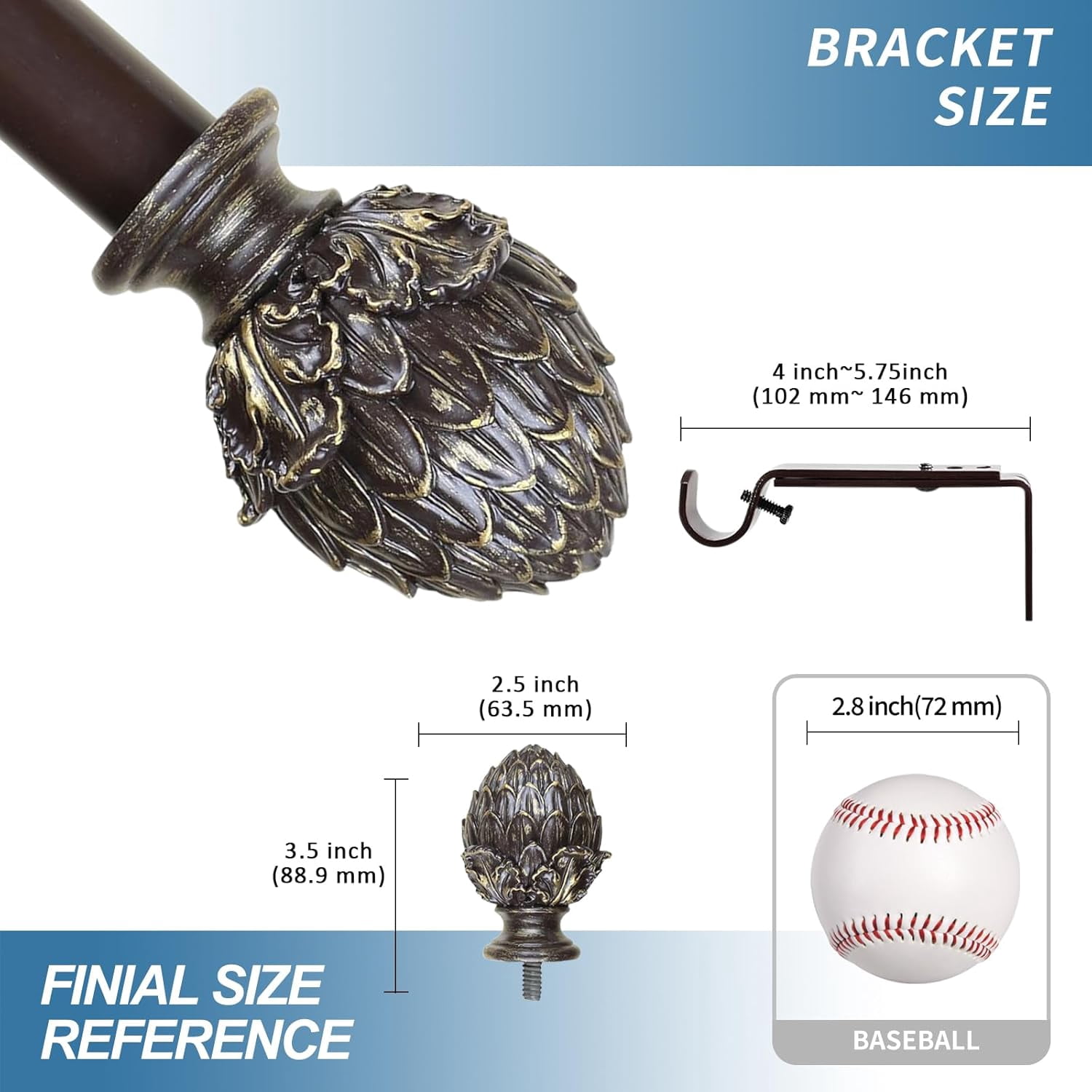 Urbanest Adjustable Single Curtain Rod Set Gold Artichoke Finials – 1 - Inch Diameter, With Bronze Rod, 28–48 Inches