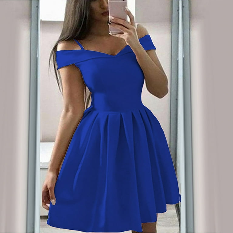 JWZUY Women's Solid Color Bra Off Shoulder Dress Waist Pleated Dress Dress  Large Swing Ball Dress Blue S 