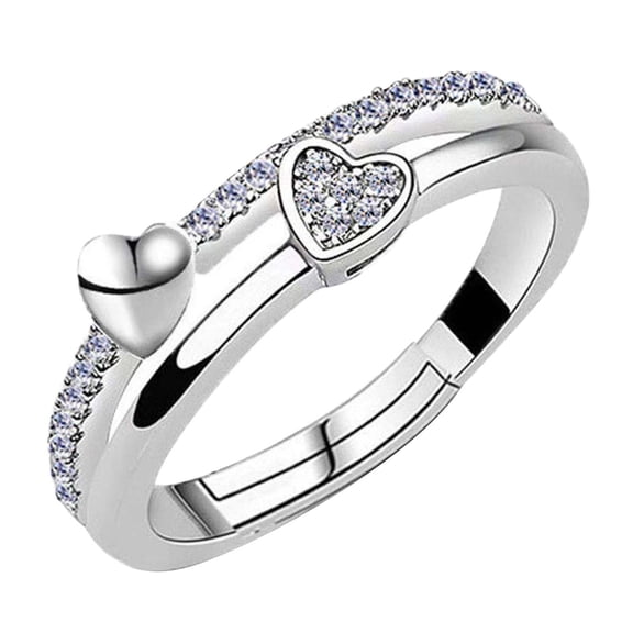 clearance under $5 LSLJS Rings for Women Double Layered Heart Shape Crystal Ring Rose Gold Silver Simulated Diamond Ring Opening Ring Jewelry Gifts for Her