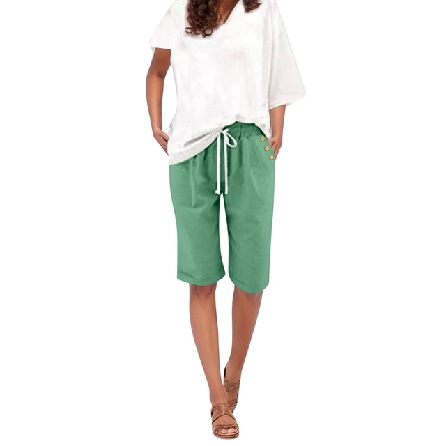 Women's Summer Solid Color Linen Drawstring High Waist Shorts Plus Size with Pockets