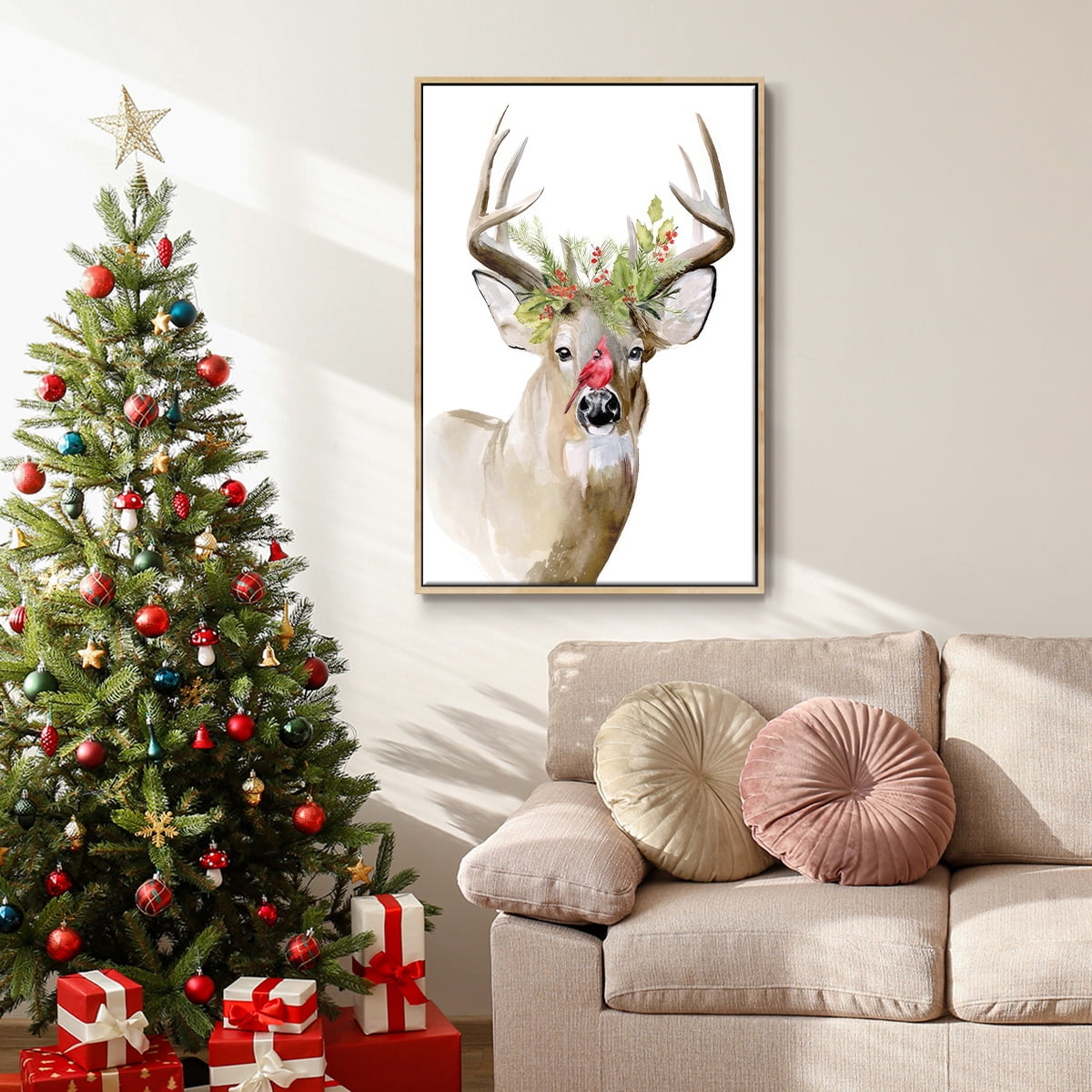 Holiday Deer II - Framed Gallery Wrapped Holiday Canvas - 17 x 25 - Natural Wood Frame
