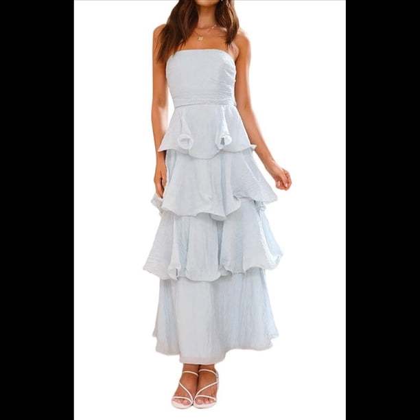 Vestido de Verano Sin Tirantes para Mujer, con Volantes, , Liso, Espalda Descubierta, Fruncido, Elegante, Fluido, para Playa. Azul S