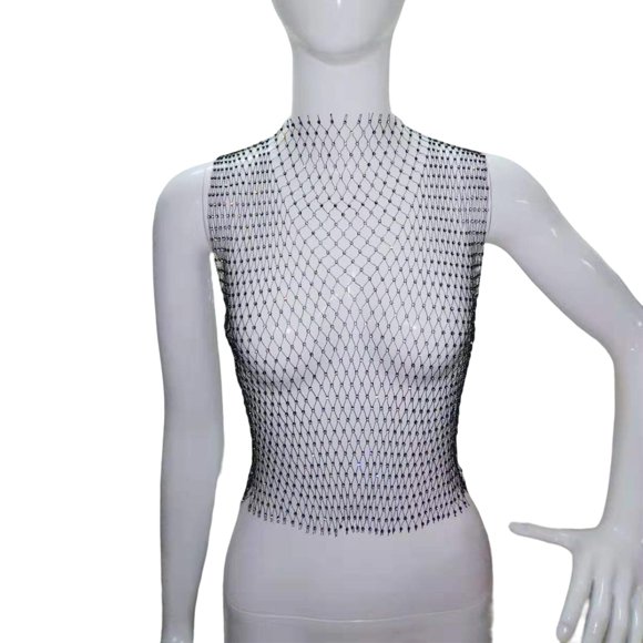 Crop Tops de malla Clubwear Outfits Camisole Bikini Tank Top para Cosplay Festival cuello redondo negro Salvador Top corto de malla