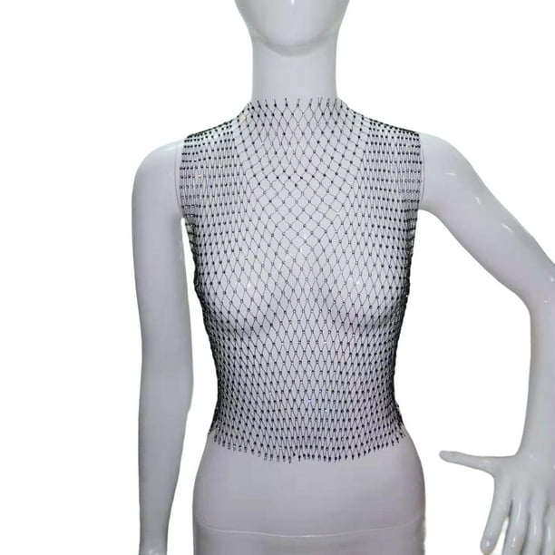 Tops cortos de malla para mujer, camisetas sin mangas para fiesta en discoteca, disfraces, accesorios, decoración cuello redondo negro Hugo Top corto de malla
