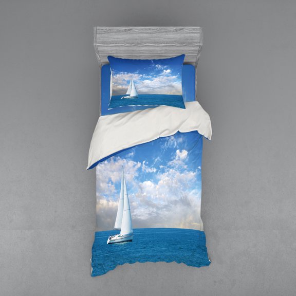 Ambesonne Ocean Bedding Set 3 Pcs, Modern Sail Boat on Sea, Twin, Sky Blue and White