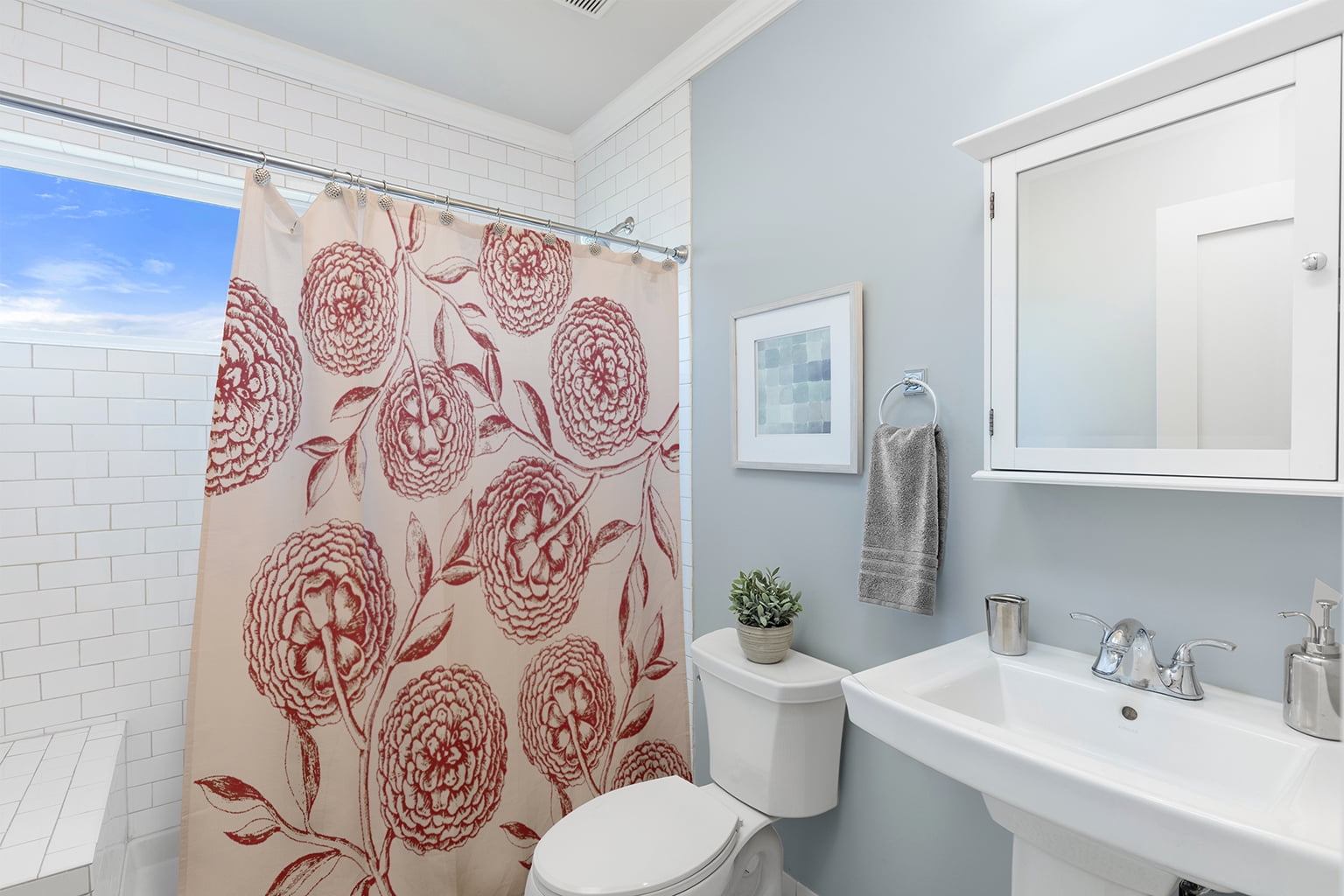 Simply Daisy 70" W x 73" L Antique Flowers Polyester Shower Curtain, Red [1 Ct]