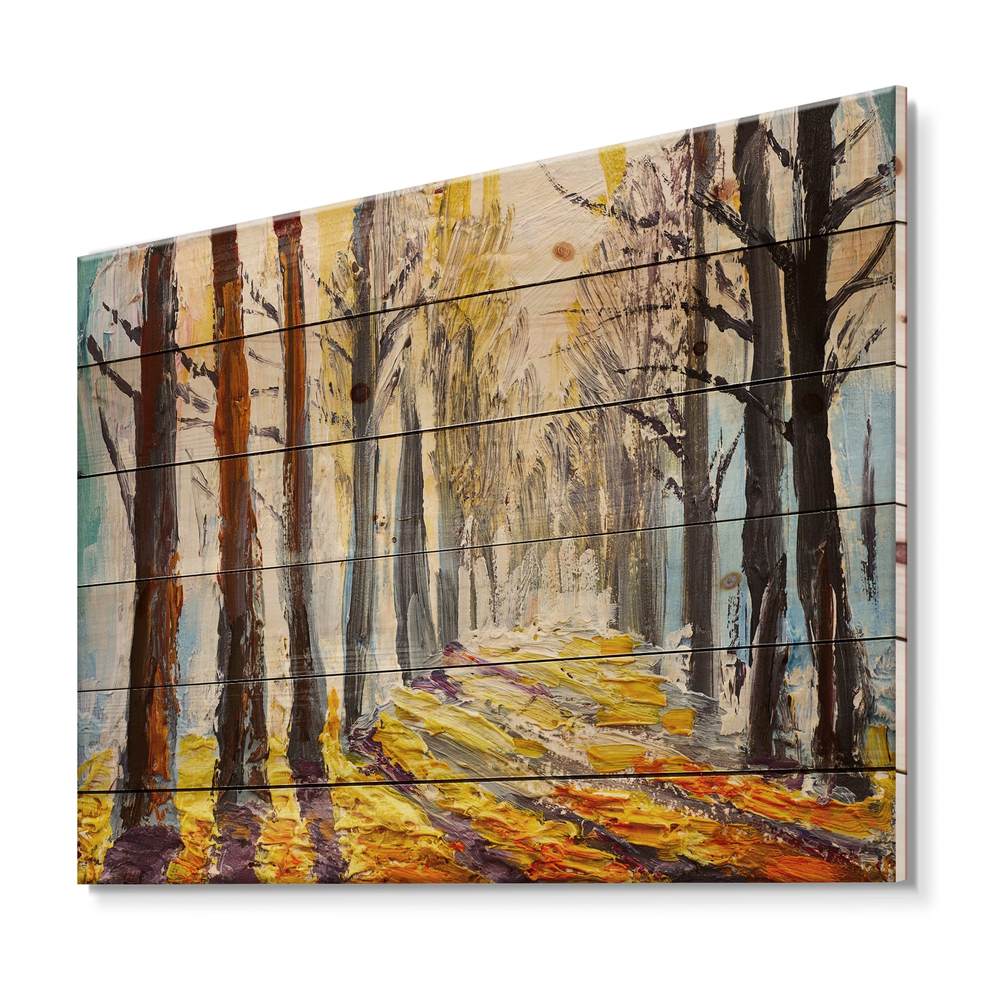 Designart 'Morning Glow Through The Autumn Trees' Lake House Print on Natural Pine Wood