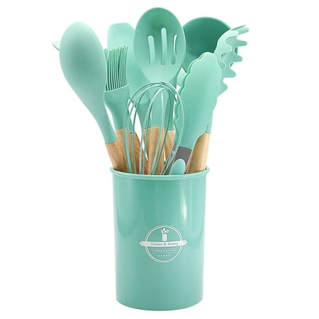 

Winter Clearance! Uhuya Cooking Non-stick Pan Storage Bucket Wooden Handle Silicone Kitchenware 12-piece Silicone Kitchenware Set Mint Green