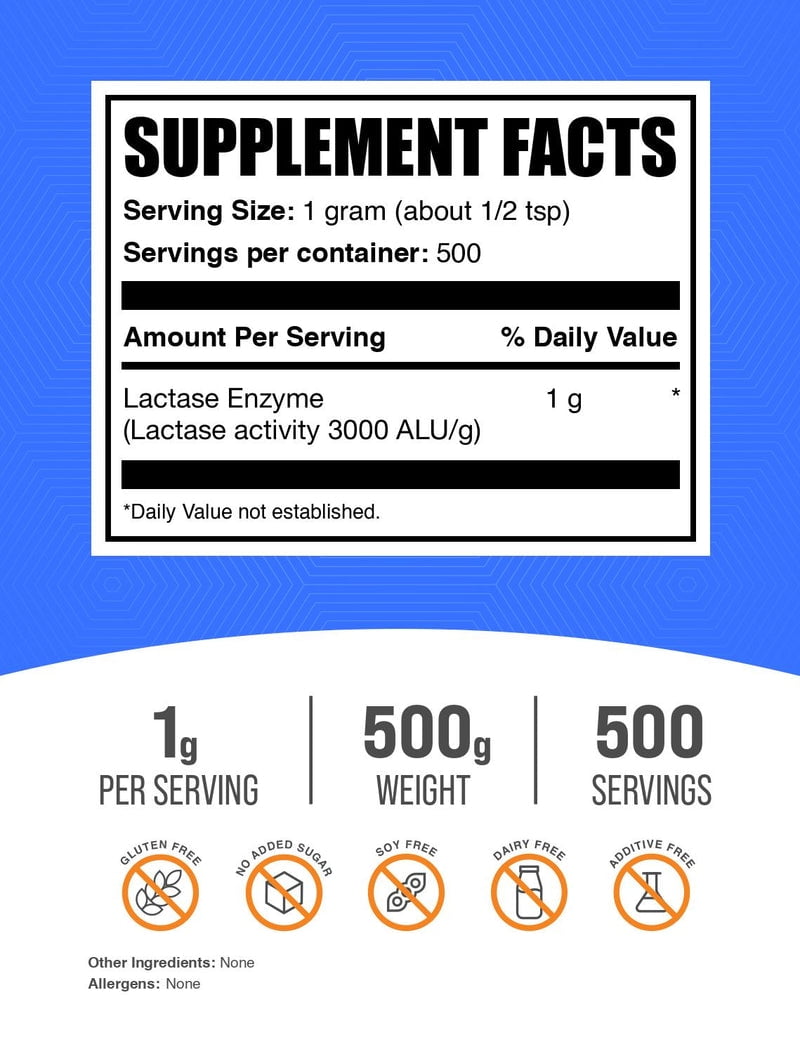 BulkSupplements Lactase Enzyme Powder - 3000 ALU, 1g per Serving - 500 Grams (3.5 oz) - 500 Servings