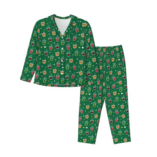 Fotbe Milk Tea Conjunto de Pijama de Manga Larga para Mujer con Estampado, Ropa de Dormir de 2 Piezas, Conjunto de Casa Suave y Cómodo con Bolsillos-Medium