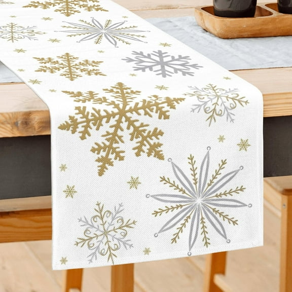 Christmas Table Runner White Gold Snowflake Table Runner Seasonal Winter Christmas Xmas Holiday Decorations for Indoor Outdoor Kitchen Dining Living Room 13 x 90 Inch
