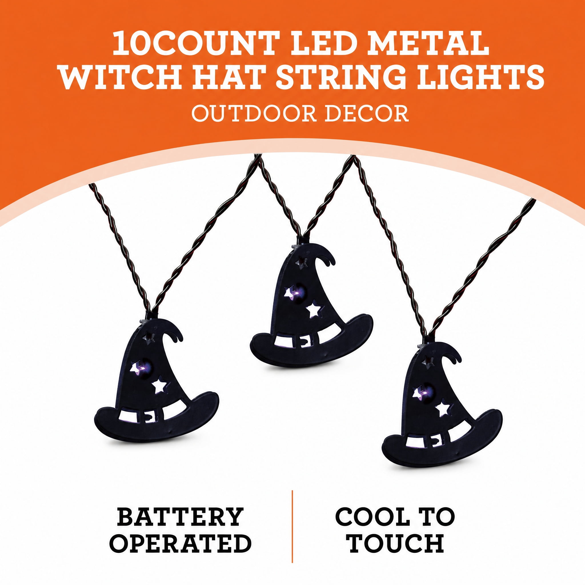 Indoor 10-Count Battery-Operated LED Metal Witch Hat String Lights, Purple, 4.5', Halloween by Way To Celebrate