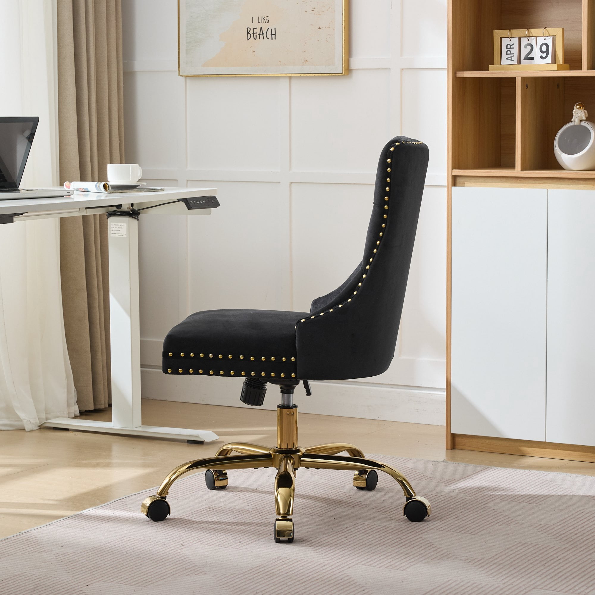 Jopath Velvet Home Office Desk Chair with Wheels & Gold Base, Makeup Vanity Chair with Tufted Back, Adjustable Desk Chair Swivel Office Chair for Bedroom, Black