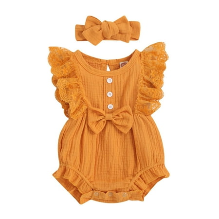 

fvwitlyh Girls Jumpsuits & Rompers Girls Romper Baby OutfitsSolid Bowknot HairbandOutfit Set Inc Romper