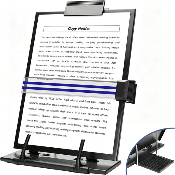 Bonison Document Holder Stand with 7 Adjustable Positions, Desktop Black Metal File Organizer Management Copyholder for Sheet Music/Cookbook/Book