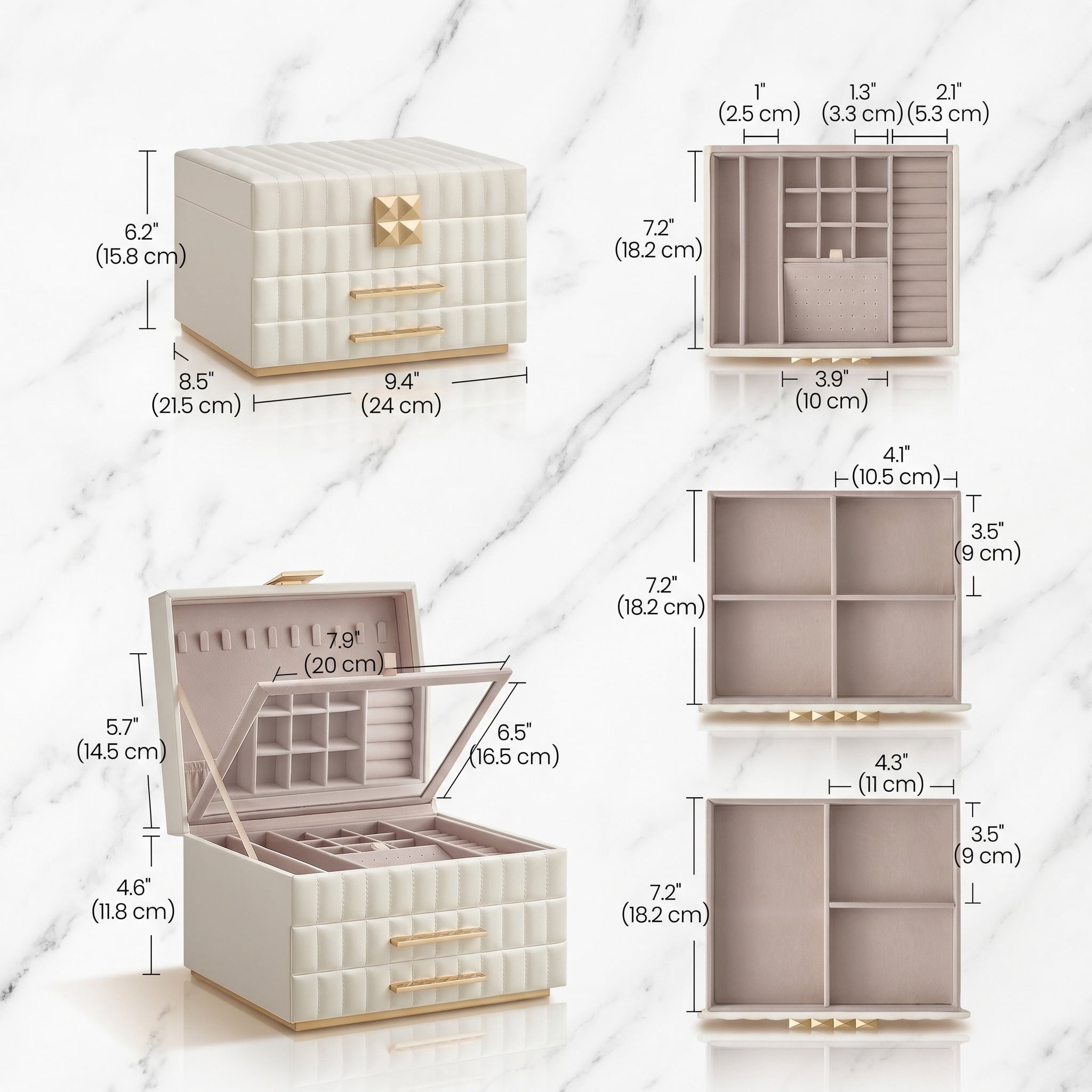 Nordic Hygge 3-Tier Jewelry Box with Mirror, Faux Leather Jewelry Organizer with 2 Drawers and Floating Effect Design, 8.5 x 9.4 x 6.2 Inches, Cloud White