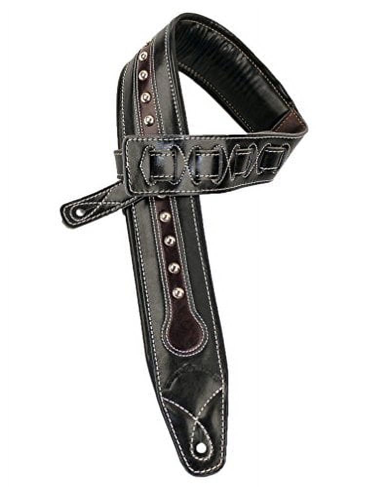 walker & williams c-35 custom black & brown premium top grain leather padded guitar strap with metal studs