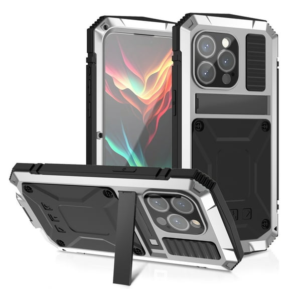 Allytech Heavy Duty Protective Case for iPhone 15 Pro, [Built-in Tempered Glass Screen Protector] [Wireless Charging] Rugged Dustproof Anti-Drop Hang Rope Case with Hidden Kickstand, Silver