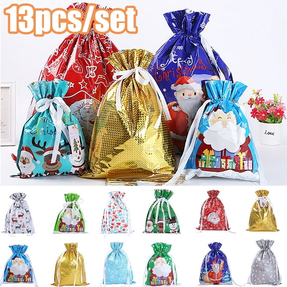 Cheers.US 13Pcs/Set Holiday Drawstring Gift Bags, Assorted Christmas Foil Gift Wrapping Bags, Christmas Bags, Santa Wrapping Bag with Tags, for Christmas Party Xmas Holiday