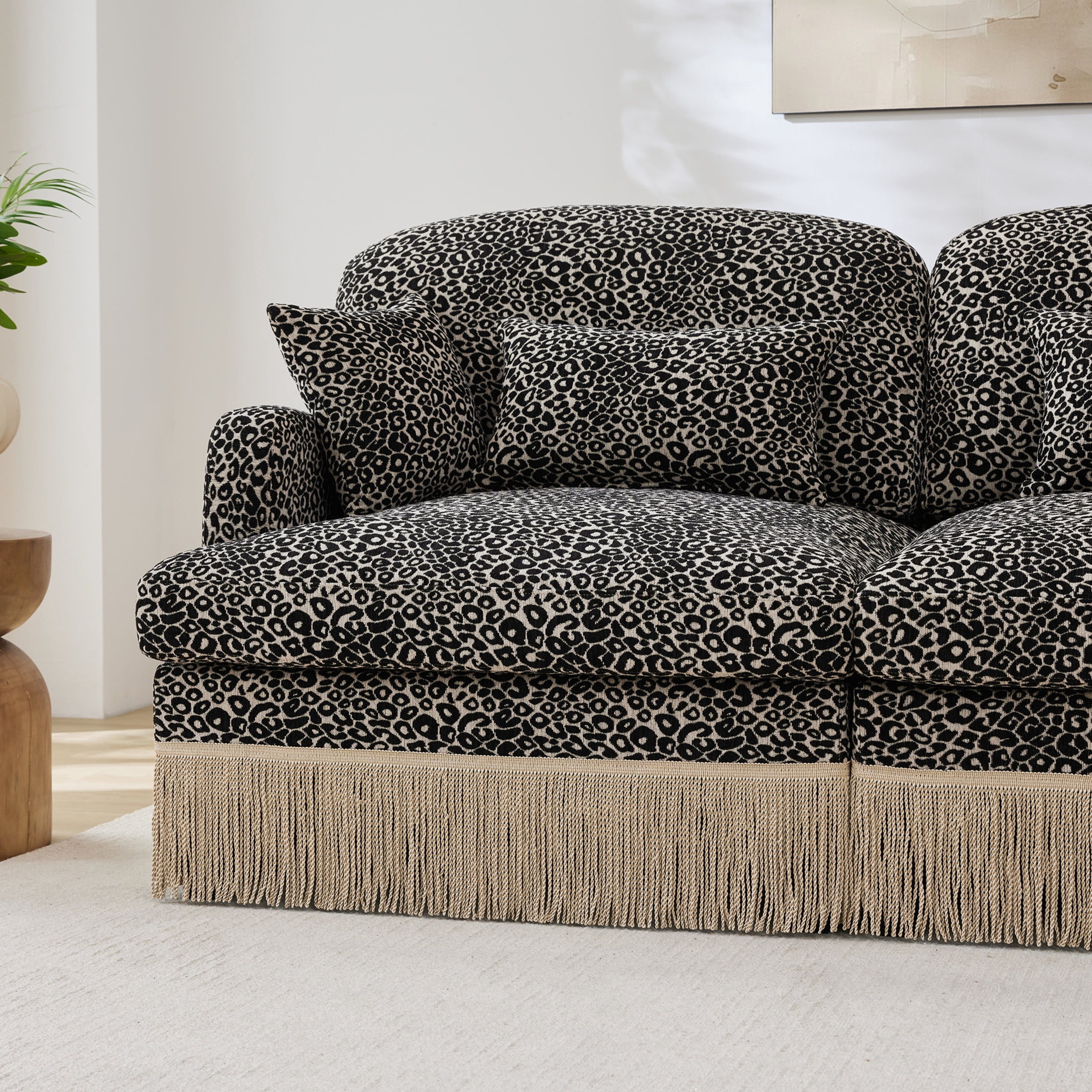 Noble House Carola Leopard Print Chenille 2-Seater Sofa, Modular Sectional Couch with Tassel Trim, Khaki