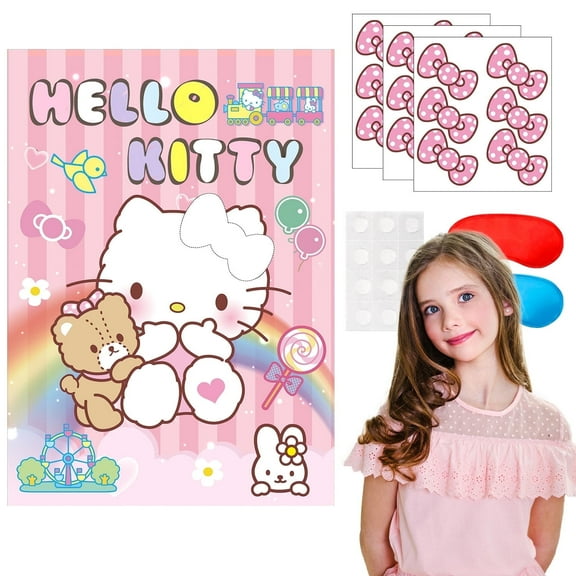 Pin The Bow on Hello Kitty Party Game, Hello Kitty Birthday Party Game Set - Hello Kitty Game Poster & Hello Kitty Party Game Eye Mask etc. Hello Kitty Birthday Decoration Supplies