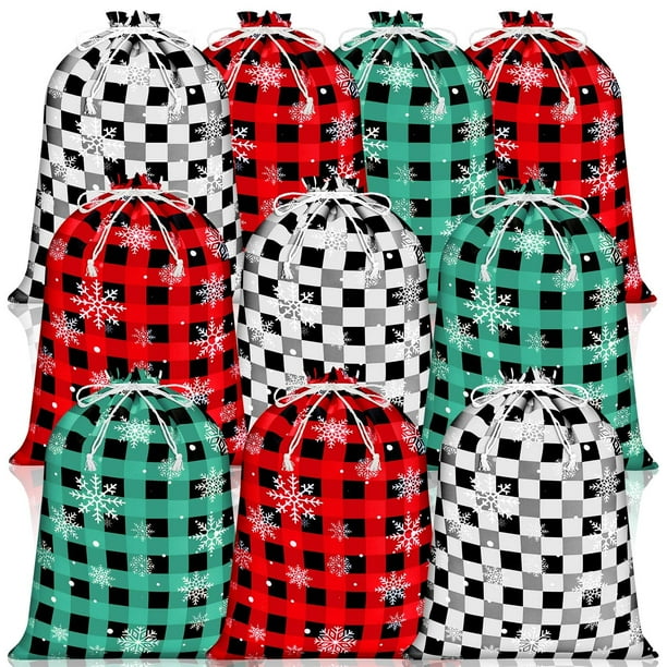 Bolsas con cordón a cuadros con diseño de búfalo de 30 x 40 cm para envolver regalo con forma de feliz Navidad